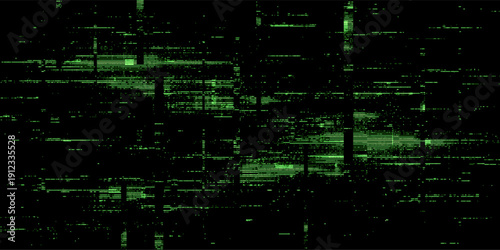 Abstract green glitch background vector horizontal lines and digital noise pattern. Data distortion on black screen for web design.