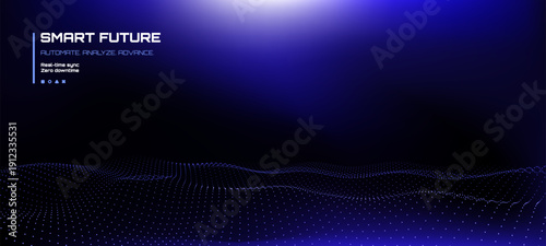 Abstract vector background with digital wave pattern for technology design. Dynamic plexus dots connect on dark blue gradient. Future data science visualization.