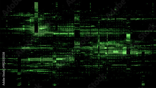 Glitch background vector with green digital pixel noise pattern. Abstract screen disturbance, data error visualization art for technology design.