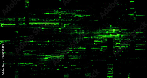 Green digital data error on screen. Glitch effect technology for background decor or banner design. Abstract cyber security failure.