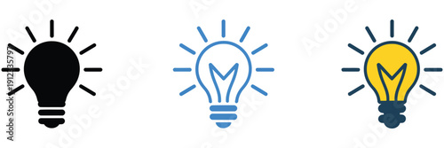 Multiple style lightbulb icon collection, creativity and innovation concept symbols, idea generation and energy icons, editable vector