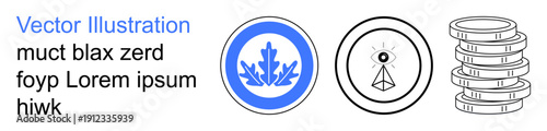 Branding, metaphors, economy, spirituality, emblems, conceptual artwork. Blue leaf circle, all-seeing eye triangle black coin stack. Branding and conceptual metaphors design concept