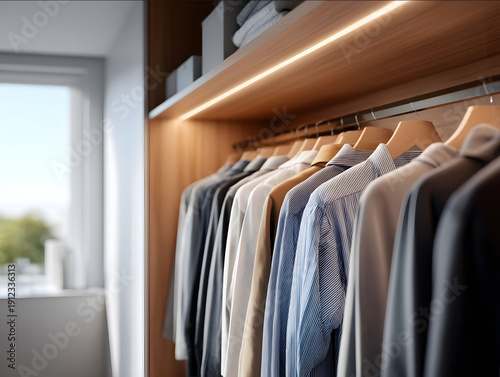 a sleek smart closet with builtin LED strip lighting turning on automatically clothing arranged by category work casual no person present doors half open to show te