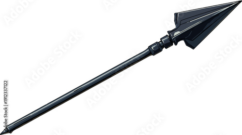 A black and grey spear with a long shaft and a triangular head against a white backdrop