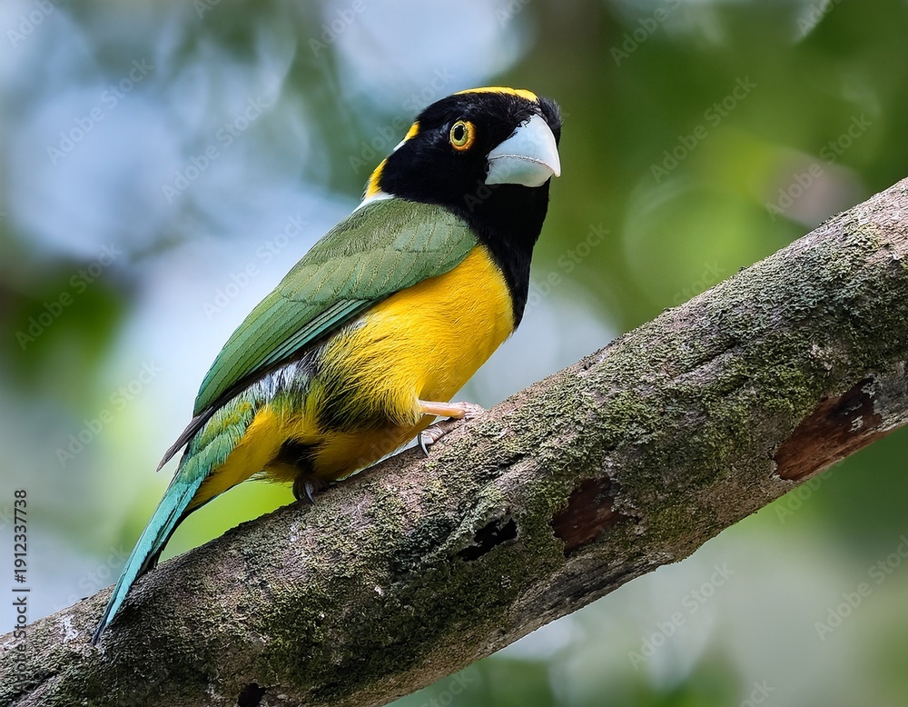 Naklejka premium black and yellow broadbill perching eye level on tree branch