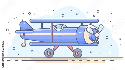 A cute cartoon-style biplane illustration, in blue, red, orange and cream colors. With propellor