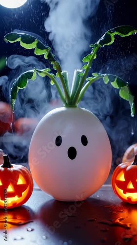 Halloween-themed centerpiece featuring an egg with sprouting vines beside glowing jack-o'-lanterns and smoky atmosphere.