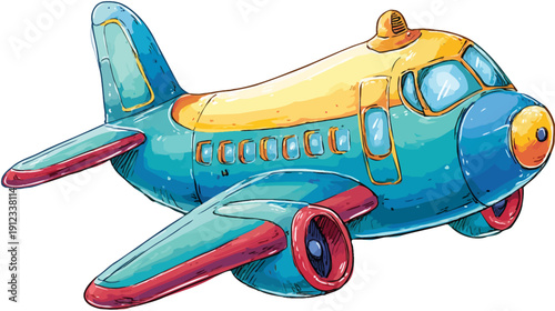 A whimsical, cartoon-style airplane with bright colors and a playful, hand-drawn aesthetic