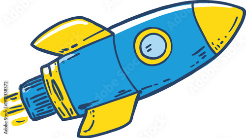 A cartoon-style illustration of a blue rocketship with yellow fins and a window