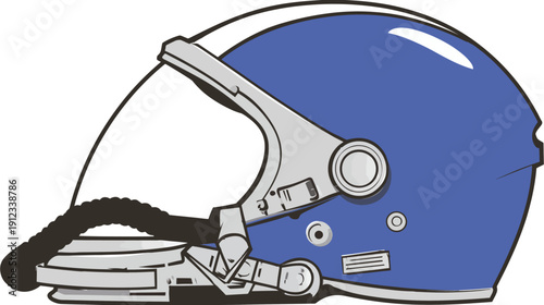 Illustration of a blue and gray aerospace helmet from a side perspective