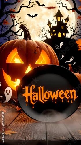 Spooky Halloween Scene with Pumpkins, Haunted House and Night Sky.