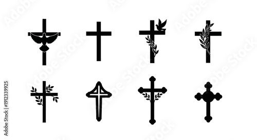 Collection of Various Cross Silhouettes Featuring Decorative Elements like Branches and Leaves for Symbolic and Spiritual Designs