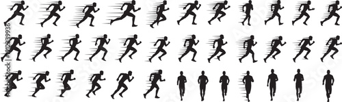 Running man silhouette sequence set showing male athlete in different sprint and jog poses, isolated vector collection of motion phases, concept of fitness, sport and active lifestyle
