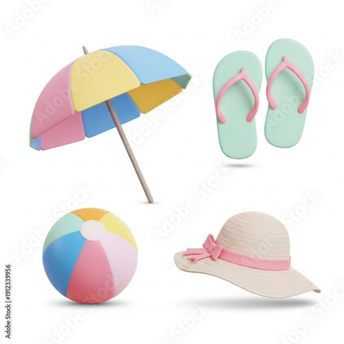 Colorful beach accessories including umbrella, flip flops, hat, and ball