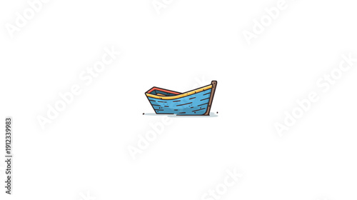 A cartoon-style illustration of a small, colorful wooden boat on a white background