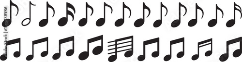 Black musical notes symbols set in different shapes including eighth, quarter, beamed and double notes arranged in rows, isolated vector illustration of music notation,