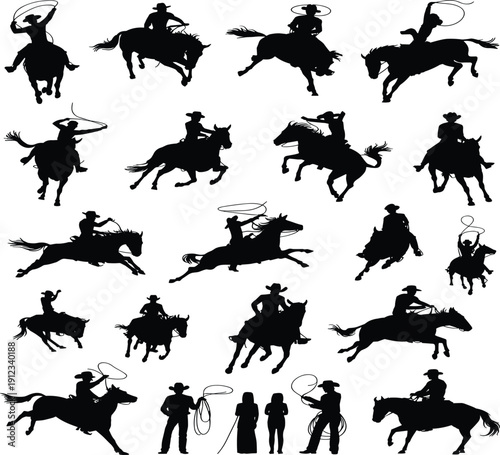 Collection of cowboy and cowgirl silhouettes riding horses with lasso isolated on white background, western rodeo vector illustration set