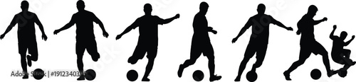 Soccer silhouette set, players dribbling, kicking, tackling, ball control, dynamic sports movement, athletic training theme - flat vector illustration