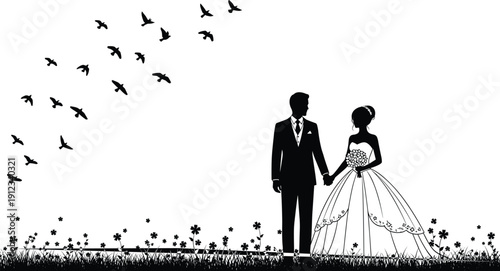 Wedding couple silhouette illustration, bride and groom holding hands, bouquet, grass flowers, flying birds, love celebration theme - flat vector illustration