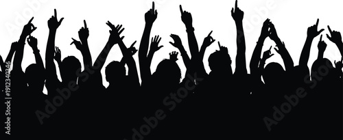 Crowd silhouette illustration, people raising hands, concert rally celebration, unity excitement, energetic group dynamic theme - flat vector illustration