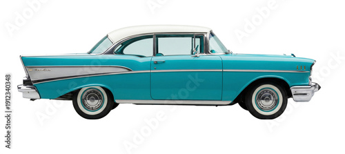 Vintage Turquoise Classic Car Side View Isolated on Transparent Background
