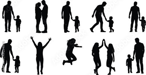 Family interaction silhouettes, adults children icons, joyful celebration poses, high-five walking hand-in-hand, relationship bond artwork, black white design - flat vector illustration