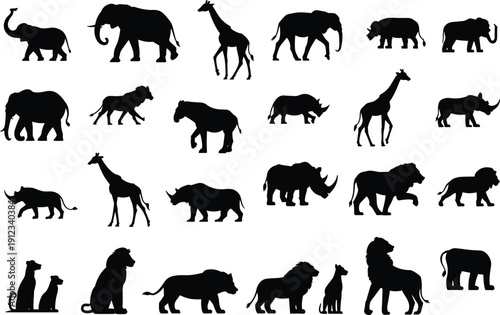 Collection of African animal silhouettes including elephant, giraffe, lion and rhinoceros isolated on white background, safari wildlife vector illustration set