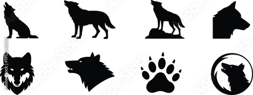 Collection of wolf silhouettes including howling wolf, head profile and paw print isolated on white background wildlife vector illustration set