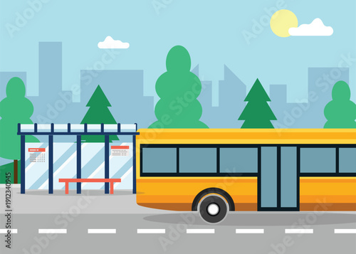 Modern City Bus Stop with Yellow Public Transport in Urban Landscape