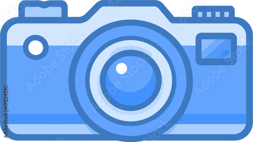 A stylized illustration of a camera, featuring a lens and design