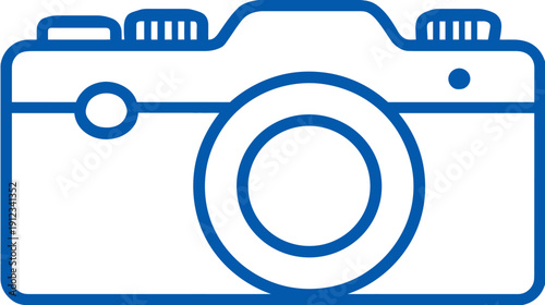 A simple, outlined illustration of a camera, featuring a lens and a viewfinder