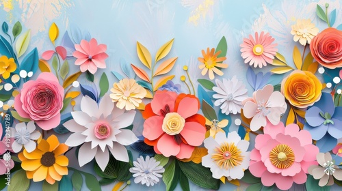 Colorful Paper Flowers Arrangement on Soft Blue Background