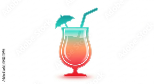 Colorful cocktail glass with umbrella and straw on white