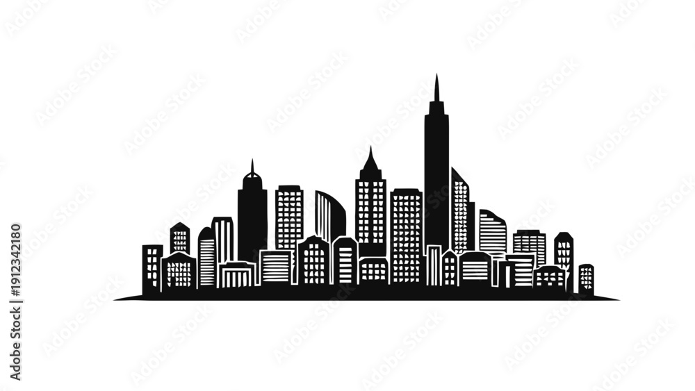 Fototapeta premium Vector illustration&nbsp;of black silhouette of a modern city skyline with skyscrapers and buildings, on a transparent background