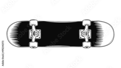 Vector illustration of black and white illustration of a skateboard top view, vintage engraving style on a transparent background