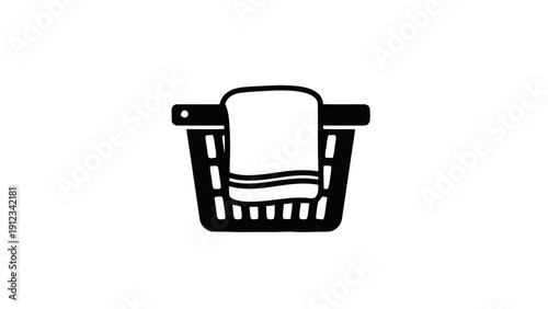 Vector illustration of simple black and white icon of a laundry basket with a folded towel inside, perfect for laundry service or cleaning app interface design on a transparent background