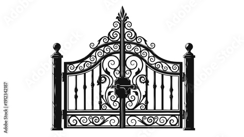 Vector illustration of ornate wrought iron gate with decorative scrollwork and finial, black silhouette style on a transparent background