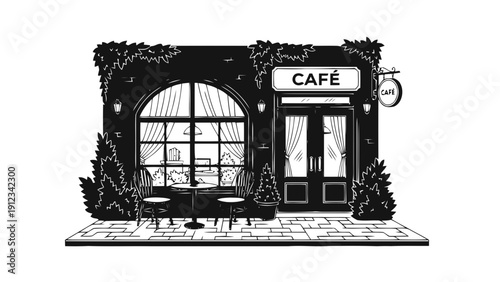 Vector illustration of charming black and white illustration of a cozy street cafe facade with outdoor seating and signage on a transparent background