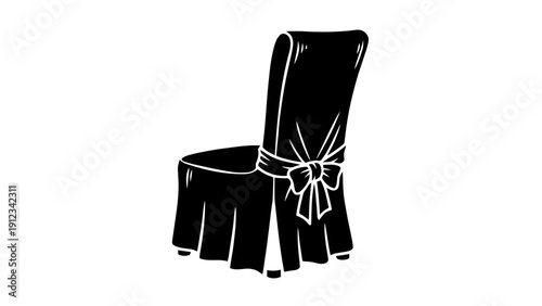 Vector illustration of black silhouette of a banquet chair with a decorative cover and bow, on a transparent background