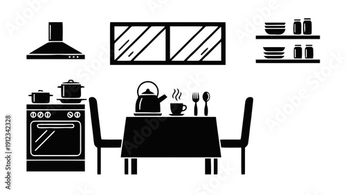 Vector illustration of kitchen interior scene with stove, dining table, cabinets, and shelves black and white icon set on a transparent background