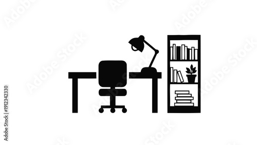 Vector illustration of minimalist black and white icon representing a home office setup with a desk, chair, lamp, and bookshelf, perfect for workspace or study concepts on a transparent background