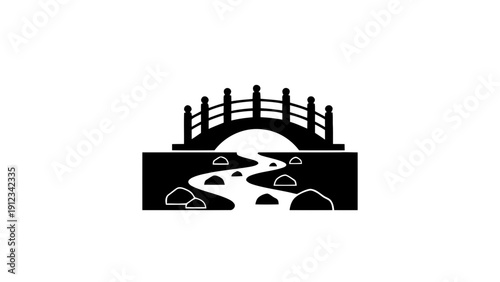 Vector illustration of black silhouette icon of a traditional arched japanese bridge over a winding stream with rocks, on a transparent background
