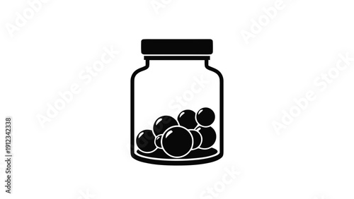 Vector illustration of simple black and white icon of a glass jar containing several small round pills or capsules, perfect for medical or healthrelated concepts on a transparent background