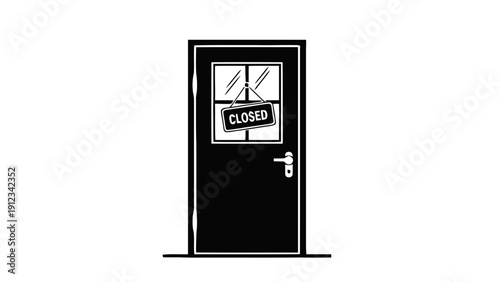 Vector illustration of black and white illustration of a closed door with a closed sign hanging in the window, on a transparent background
