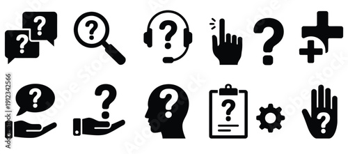Question mark button icons, including query, help, support, FAQ, advice, guide, conversation, problem solving, research and information symbols, editable vector