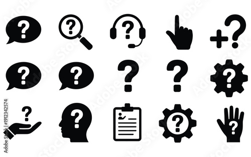 Question mark icon button set, containing asking, problem, confusion, query, information, FAQ, help, support, advice, guide, researching, conversation, and quiz symbols, editable vector