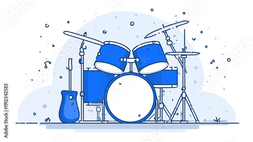 A cartoon depiction of a drum kit and guitar, with a flurry of small musical notes