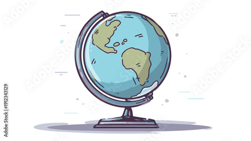 A stylized illustration of a globe on a stand, showing continents and oceans. It floats against a white backdrop