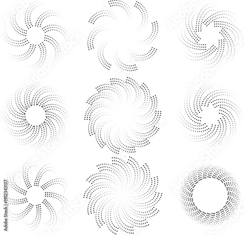 Collection of 9 Minimalist Halftone Spiral and Circular Dot Patterns. Geometric Abstract Vector Elements for Modern Graphic Design.