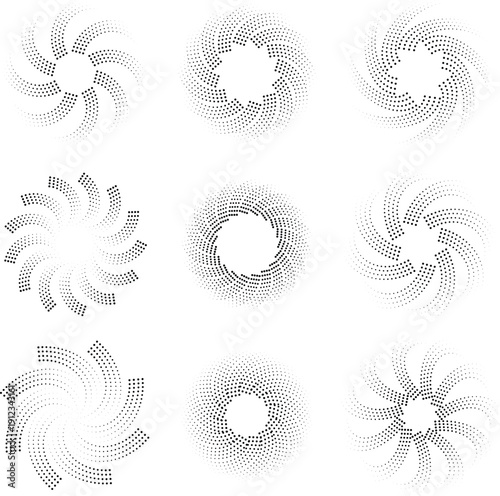 Collection of 9 Minimalist Halftone Spiral and Circular Dot Patterns. Geometric Abstract Vector Elements for Modern Graphic Design.